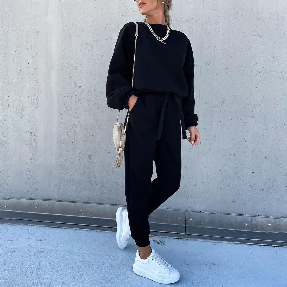 Completo casual a due pezzi, a maniche lunghe, tinta unita e alla moda