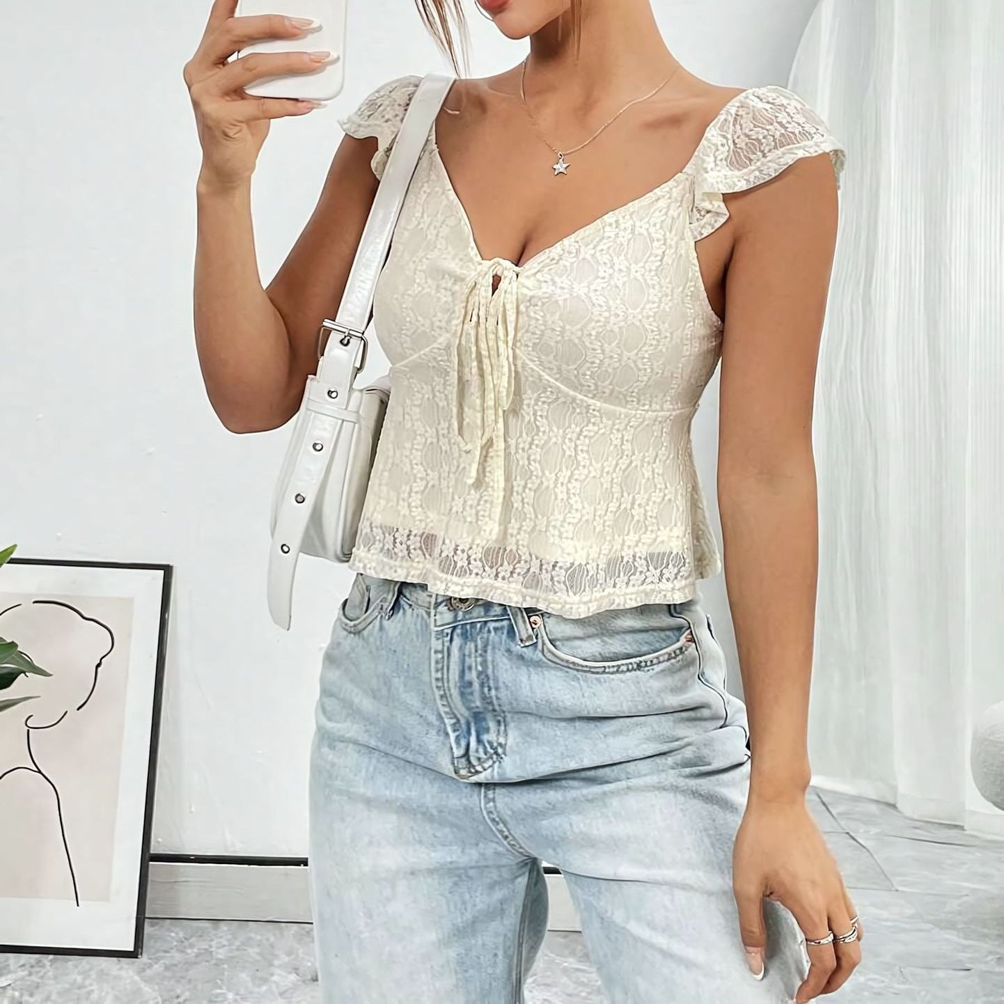 Casual Short Top Lace Lace Band V-neck Top