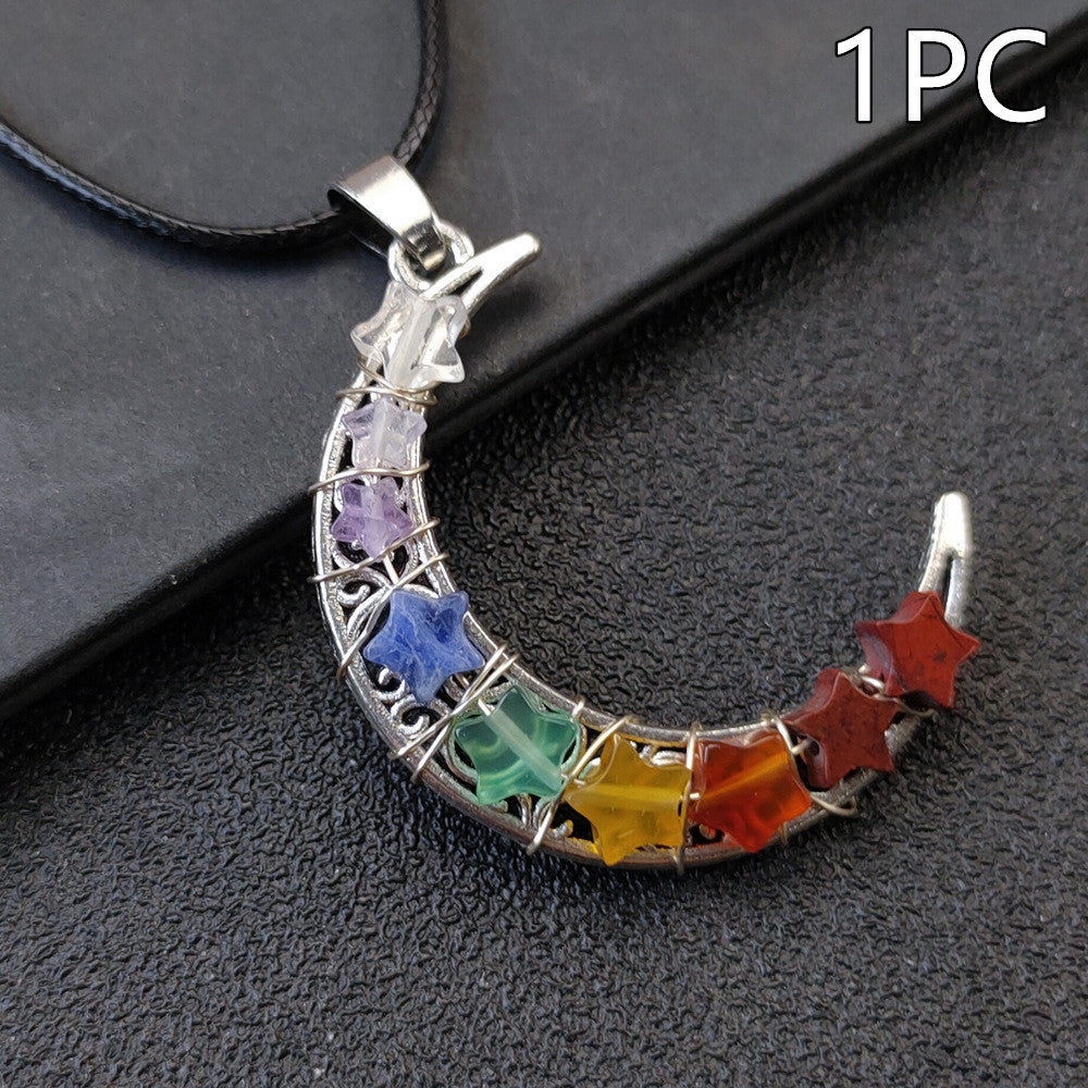 Collana con pentagramma a forma di luna e sette chakra in pietra di cristallo