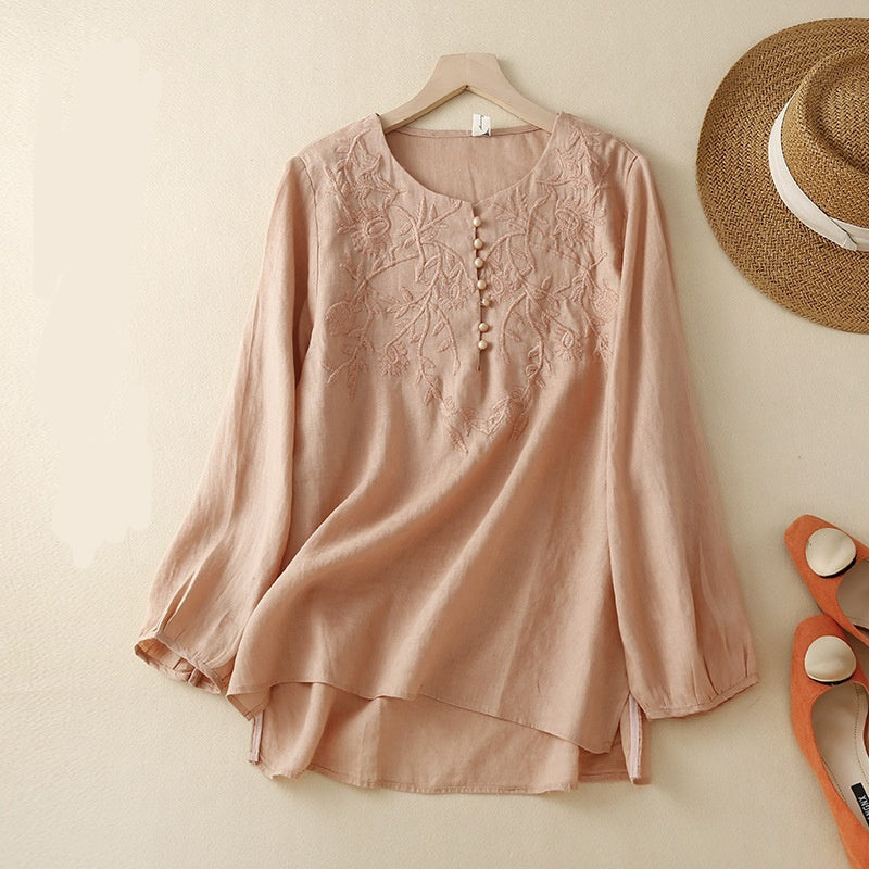 Besticktes lockeres künstlerisches Vintage-Hemd aus Baumwollleinen für Damen