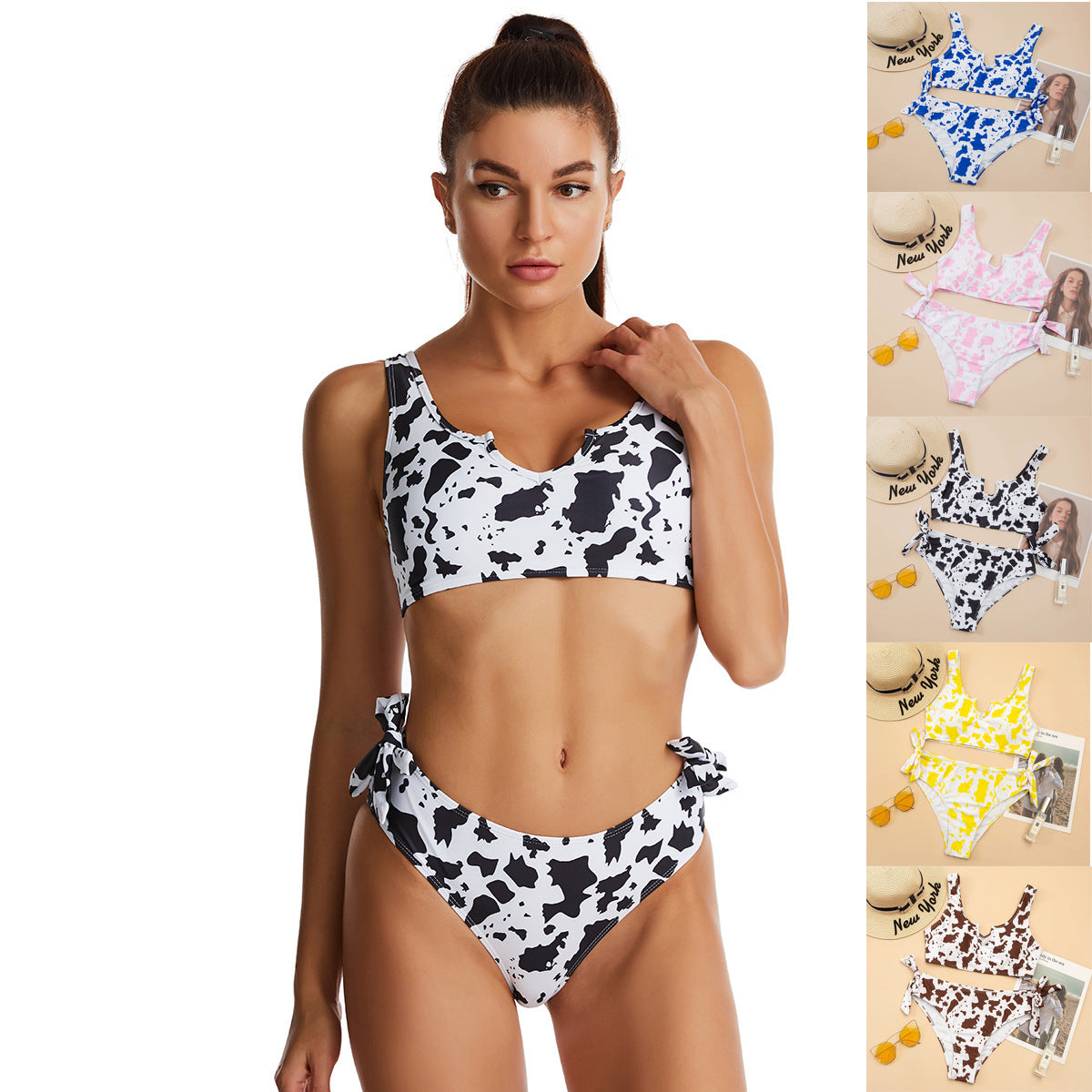 Costume da bagno bikini con fiocco e stampa mucca divisa da donna