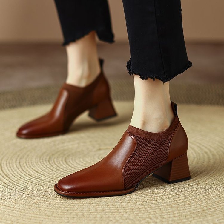 Women's Spring And Autumn Square Toe Knitted Chunky Heel High Heels