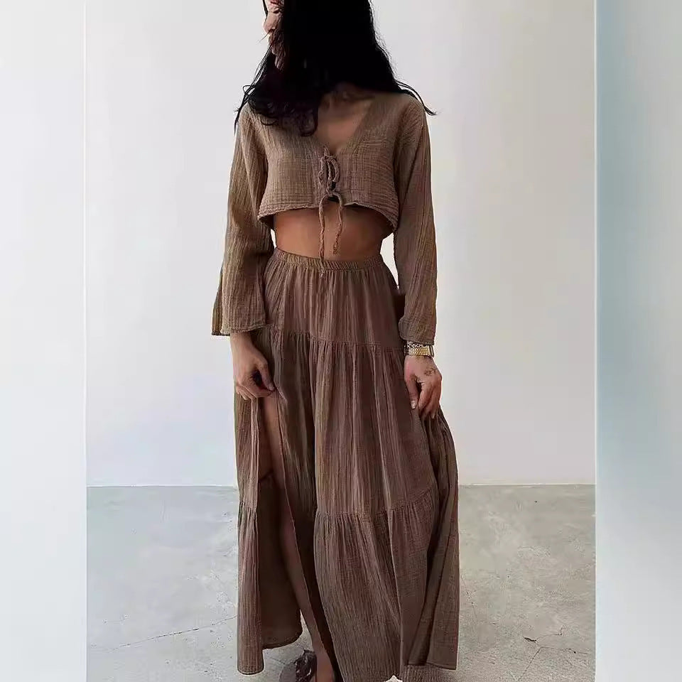 Modischer Cardigan mit V-Ausschnitt, Schnürung, hohem Schlitz, zweiteiliger Anzugrock aus Baumwolle und Leinen