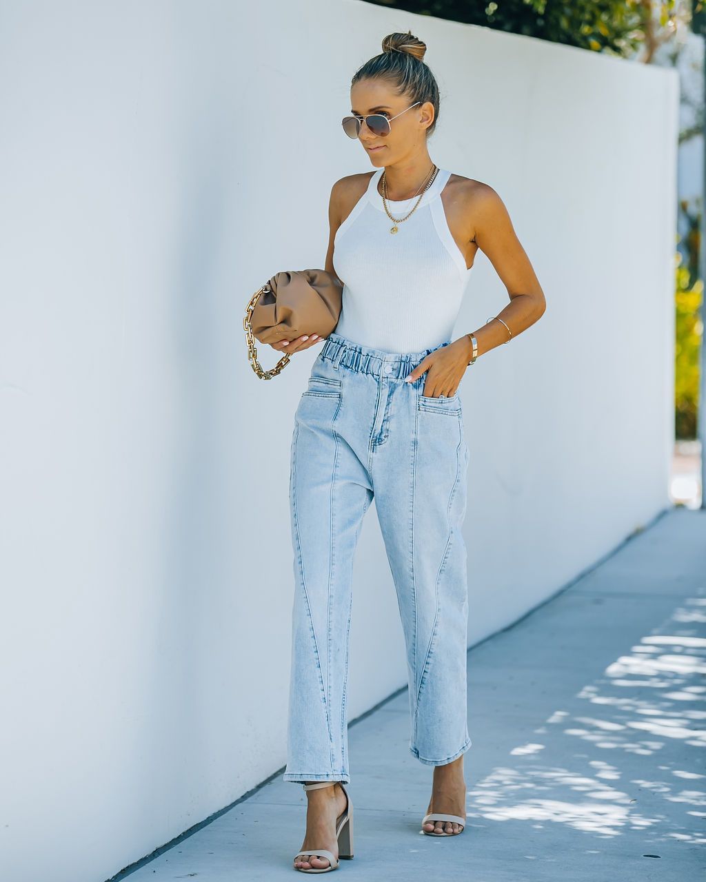 Pantaloni a vita alta in denim azzurro chiaro da pendolare di Temperamento