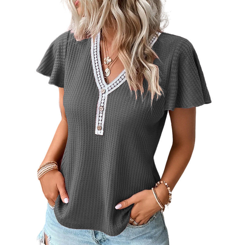 T-shirt a maniche corte con scollo a V e motivo waffle