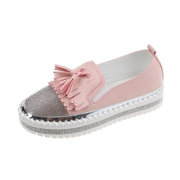 Shallow Leather Rhinestone Platform Shoes For Women