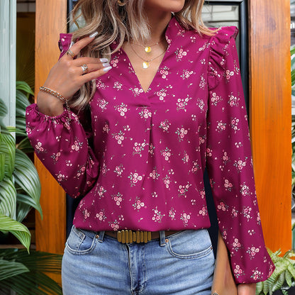 Camicia a maniche lunghe con stampa floreale da donna alla moda