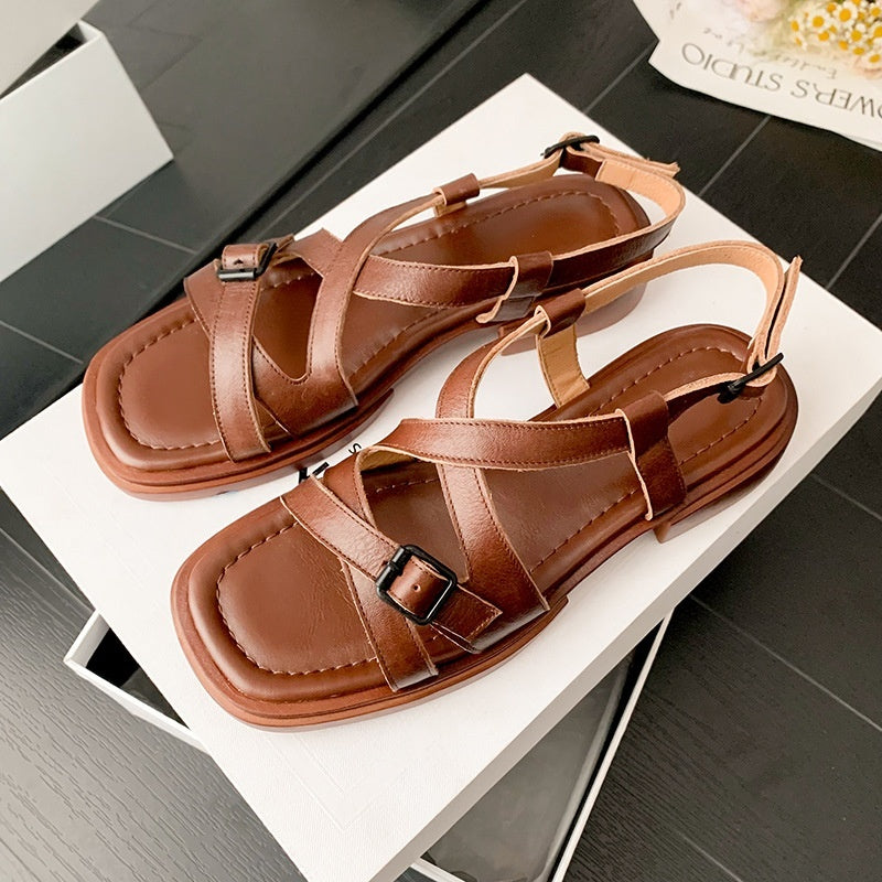Sandali con punta aperta in vera pelle con cinturino incrociato retrò, eleganti scarpe da spiaggia in stile romano con tacco basso
