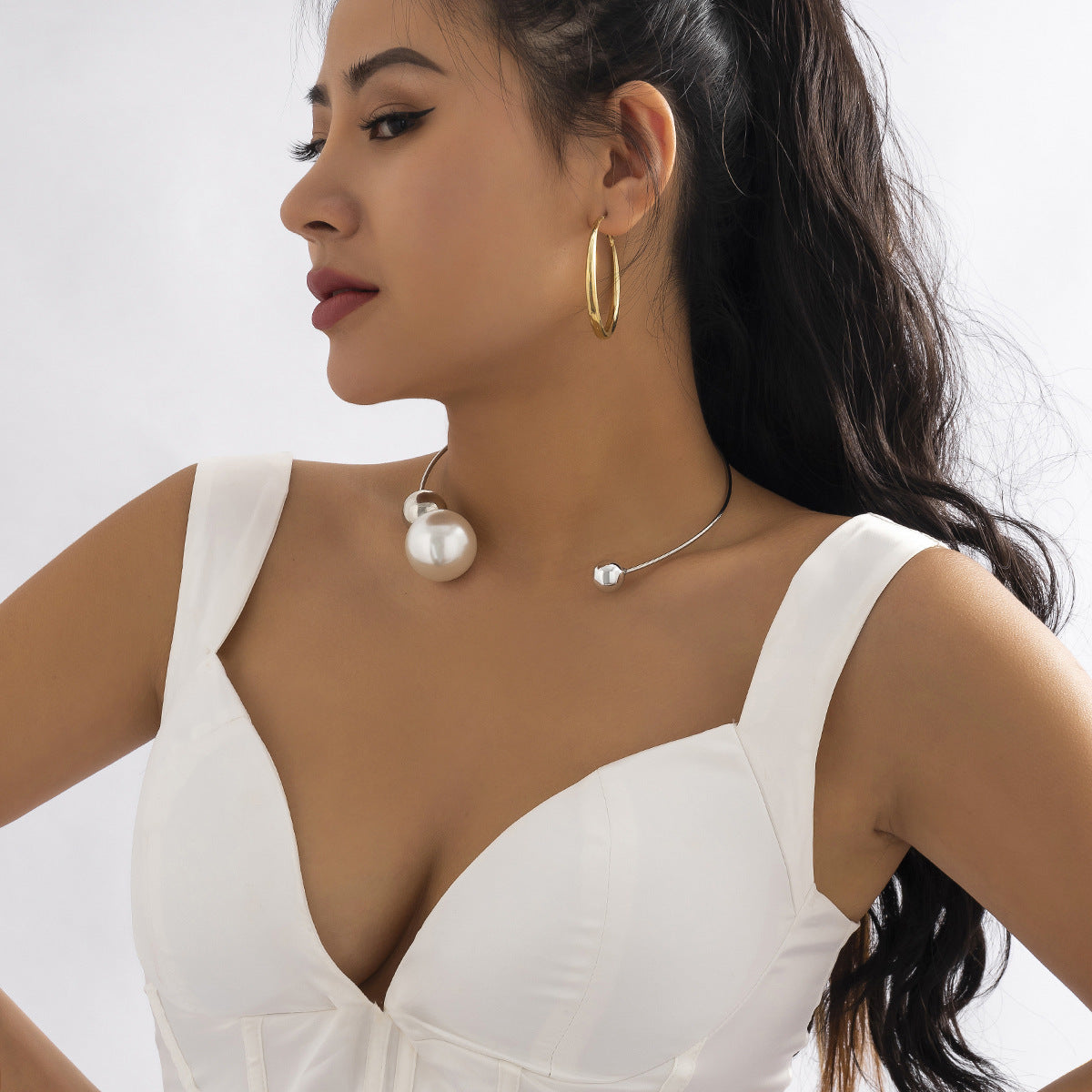 Asymmetric Geometry Pearl Round Beads Collar Niche