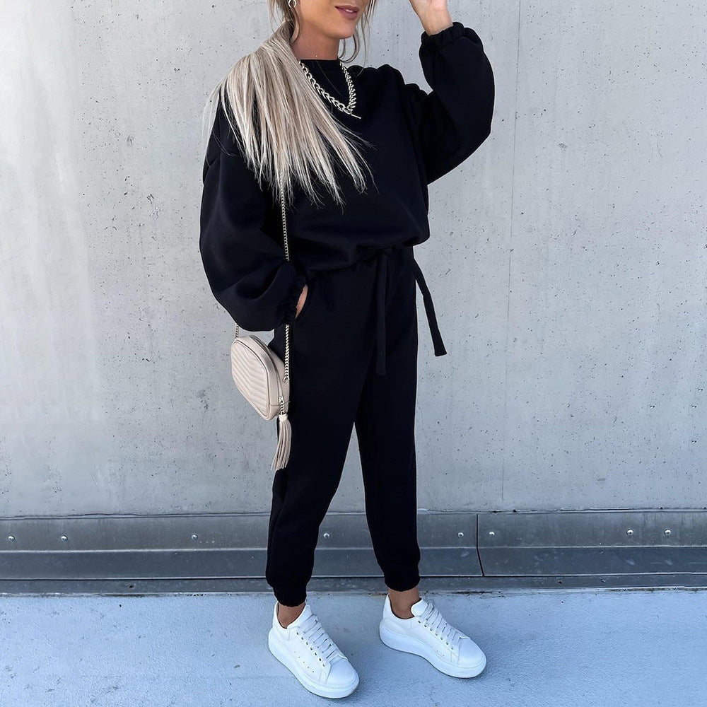 Completo casual a due pezzi, a maniche lunghe, tinta unita e alla moda