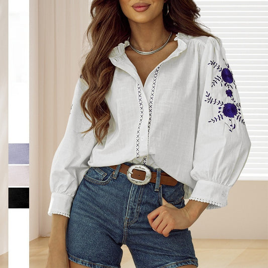 Camicia a maniche lunghe con ricamo floreale vintage da donna