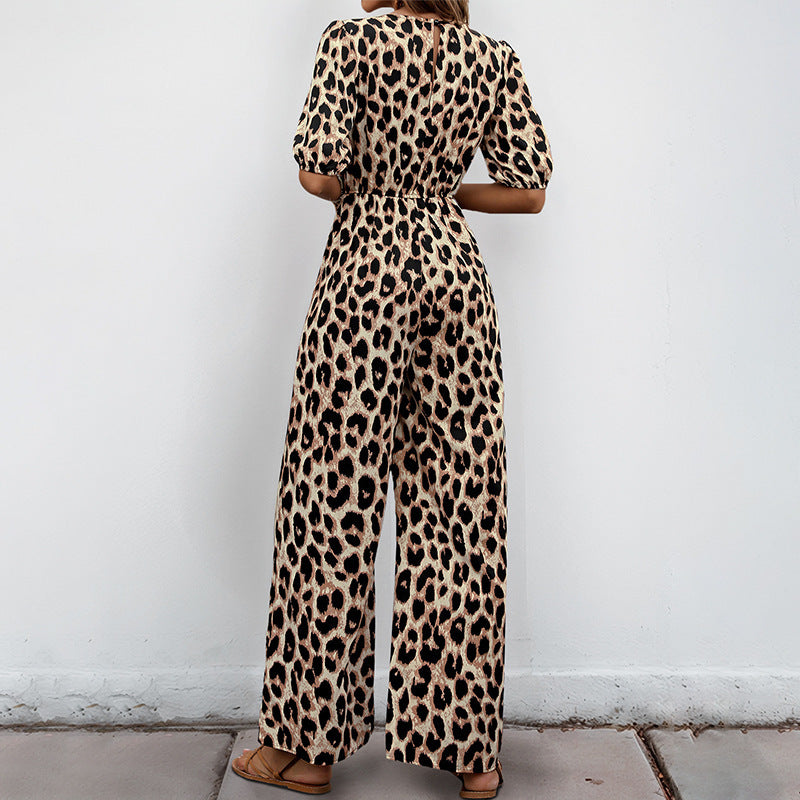 Tuta europea e americana con vita alta annodata e stampa leopardata, pantaloni monopezzo