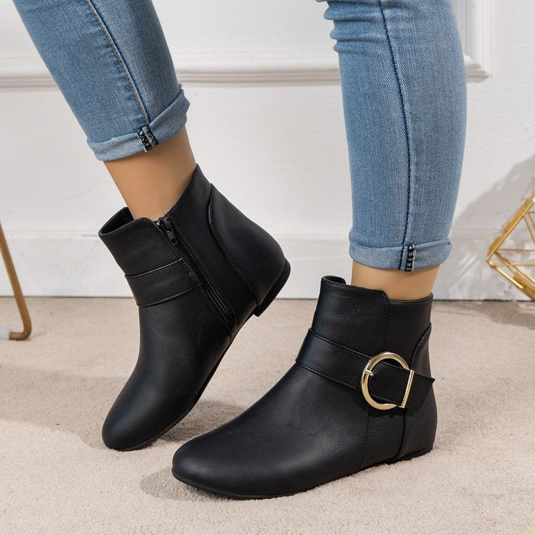 Big Buckle Side Zipper Flat Bottom Low-top Martin Boots