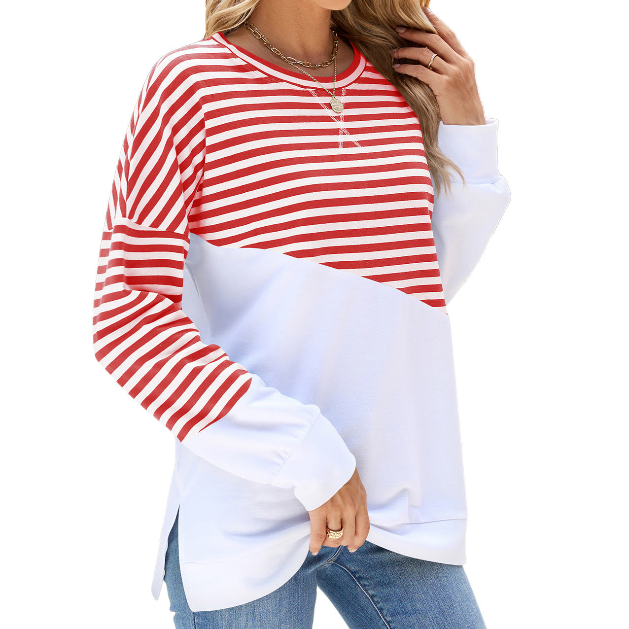 Maglione girocollo casual alla moda con design diviso Abbigliamento da donna