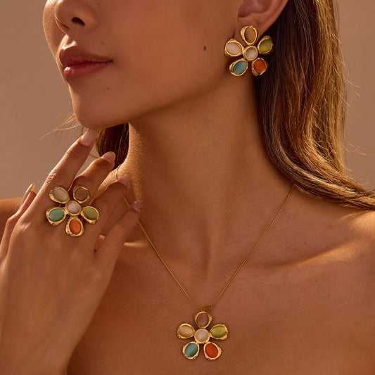 Colorful Opal Hammered Flower Earrings Suit