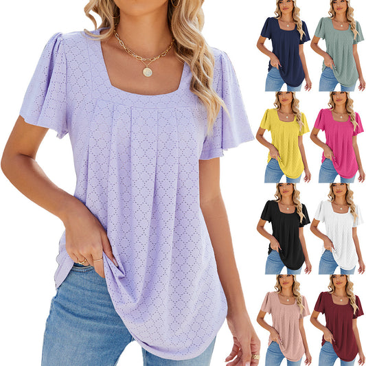 Maglietta estiva a maniche corte con scollo quadrato e plissettature, ampia, tinta unita, con design a volant e cavo, per abbigliamento da donna