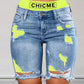 Color Contrast Patchwork Ripped Fake Two-piece Denim Shorts