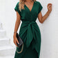 Solid Batwing Sleeve Wrap Hem Belted Dress