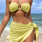 3pcs Solid Color Stripe Swimsuit Sexy Summer Beach Bikini Set Womens Clothing