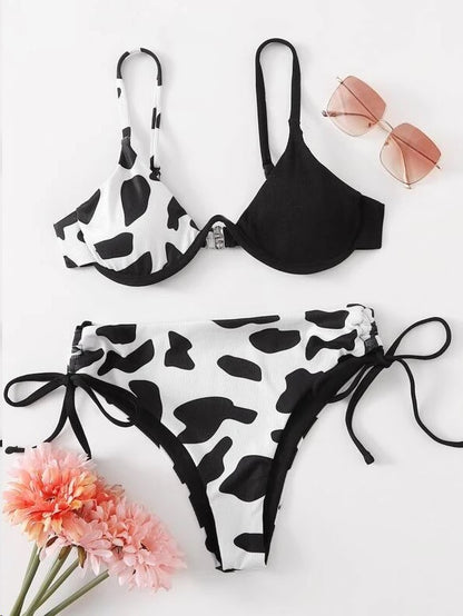 Ladies One Piece Underwire Cow Print Swimsuit