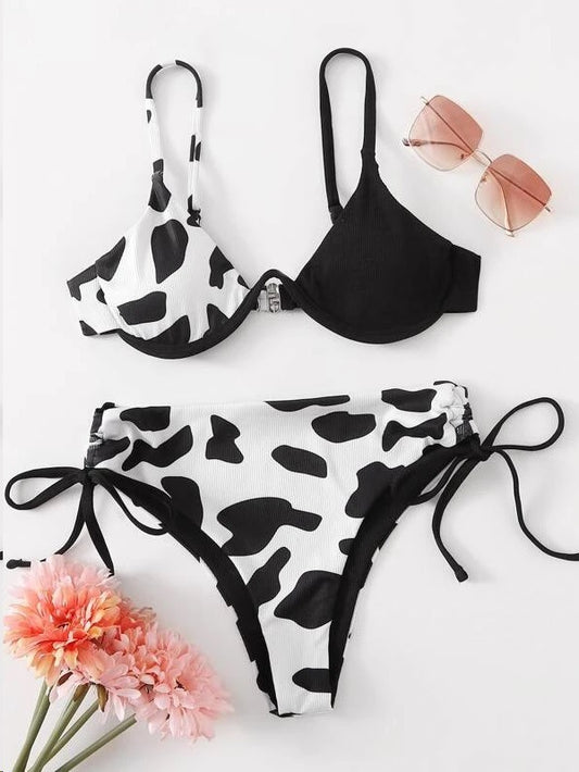 Ladies One Piece Underwire Cow Print Swimsuit