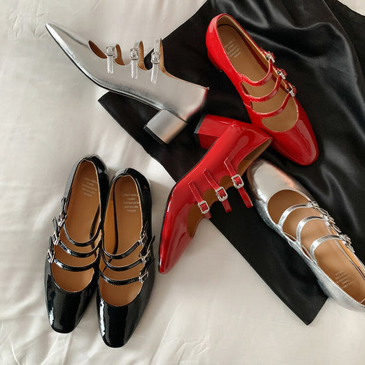 Scarpe con tacco medio spesso e fibbia a punta tonda da donna