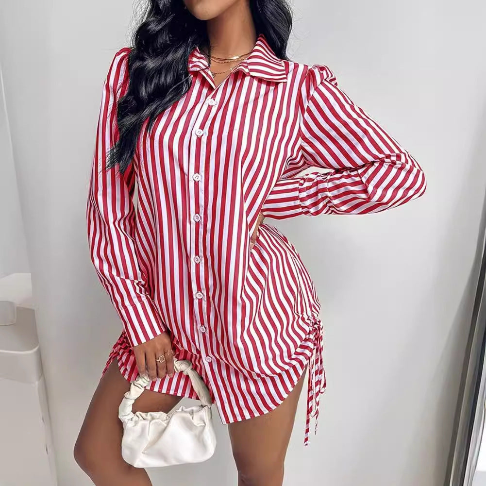 Abito-camicia a righe a contrasto di colore, a maniche lunghe, con risvolto, da donna