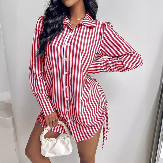 Abito-camicia a righe a contrasto di colore, a maniche lunghe, con risvolto, da donna
