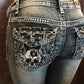 New Retro Embroidered Skull Hot Rhinestone Elastic Slim Fit Slimming Skinny Denim Trousers