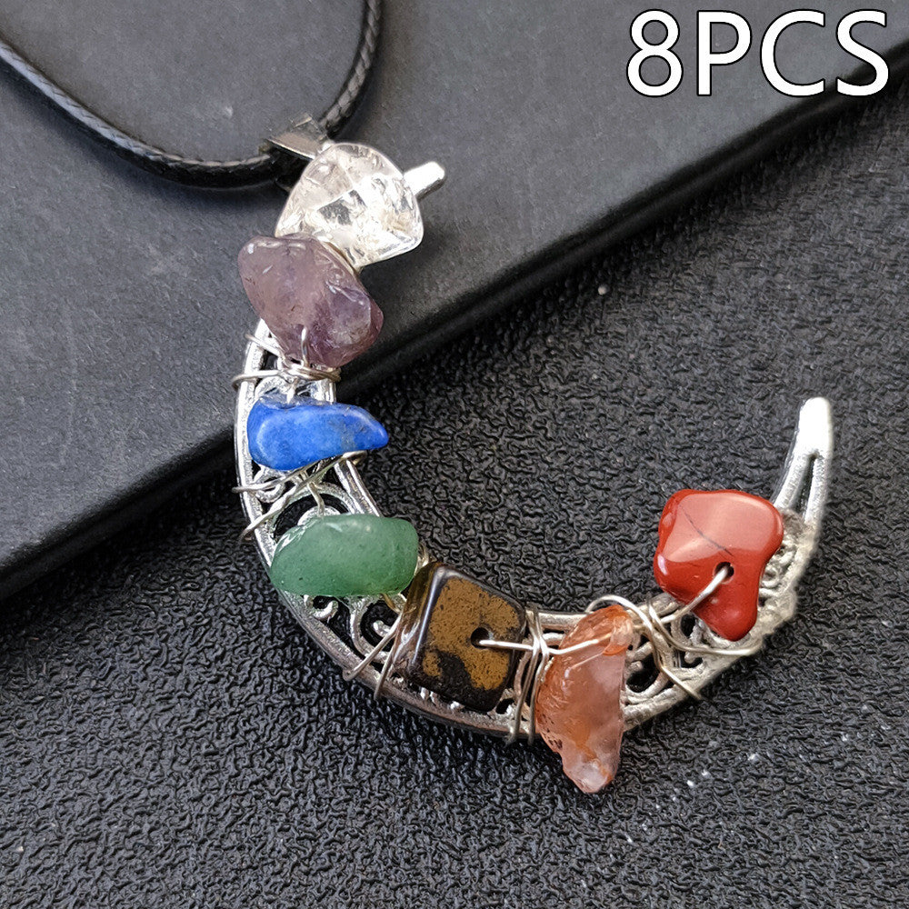 Collana con pentagramma a forma di luna e sette chakra in pietra di cristallo