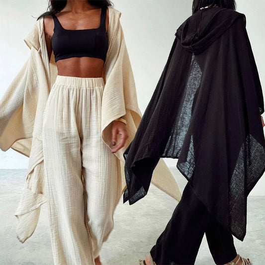 Herbst Damen Langarm Unregelmäßiger Home Wear Zweiteiliger Anzug aus Baumwolle und Leinen