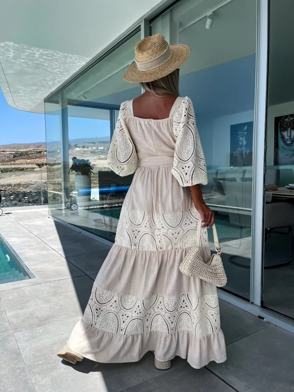 Abito da donna con lacci e vita stretta, casual e largo, con cuciture in pizzo