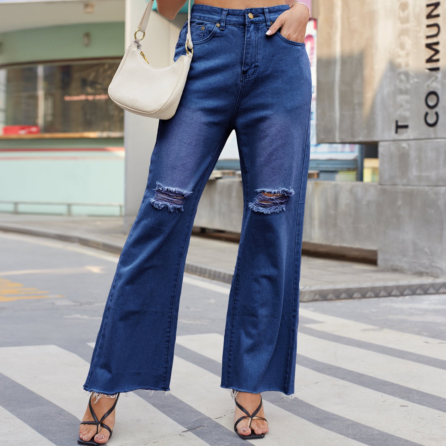Denimhose mit weitem Bein, zerrissene Röhrenjeans