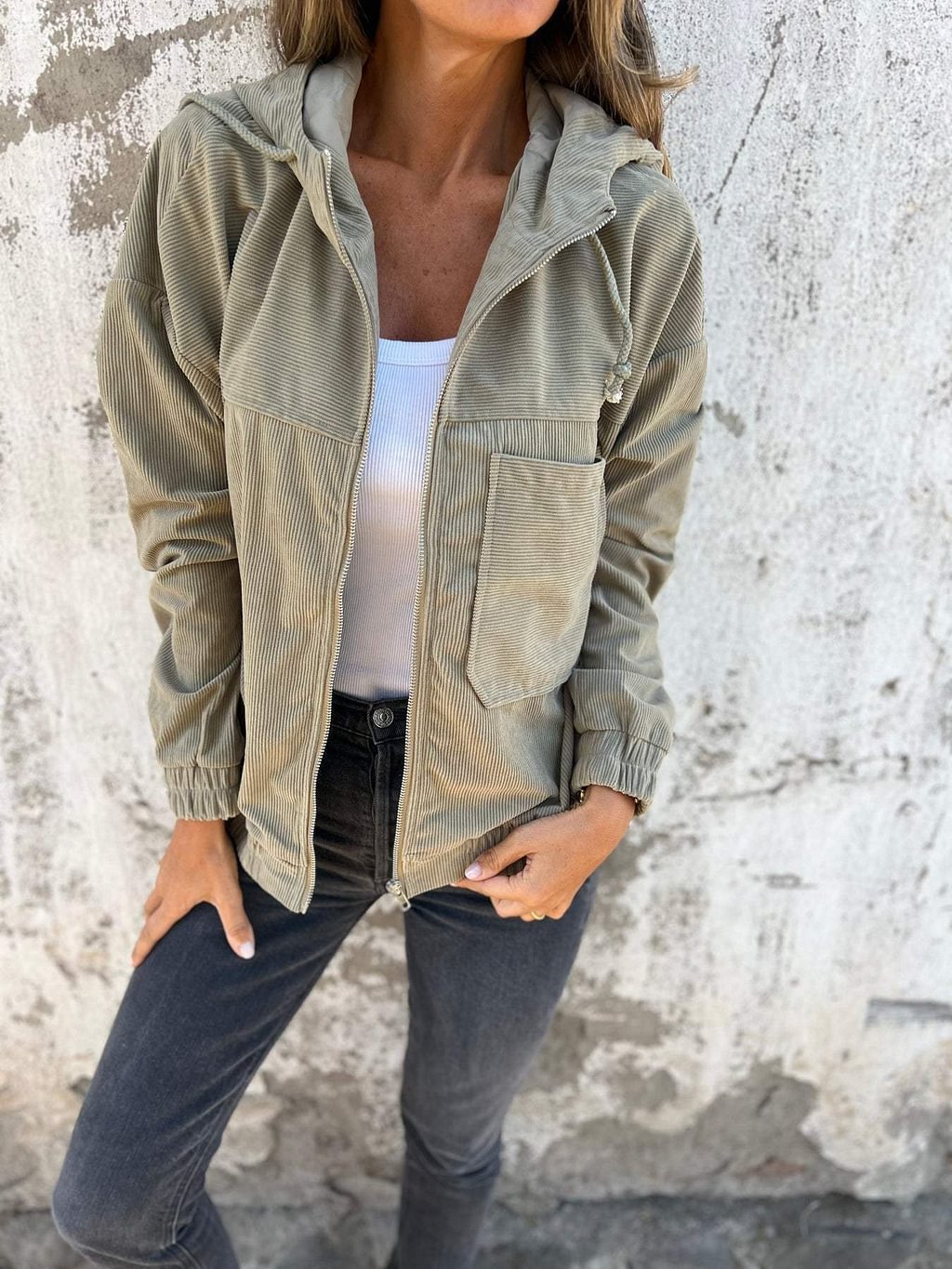 Corduroy Hooded Zip-up Jacket With Pockets Fashion