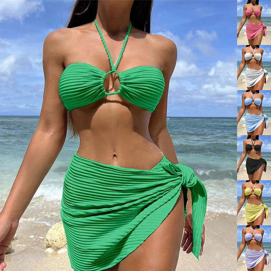 3-teiliger Badeanzug mit einfarbigen Streifen, sexy Sommer-Strand-Bikini-Set, Damenbekleidung