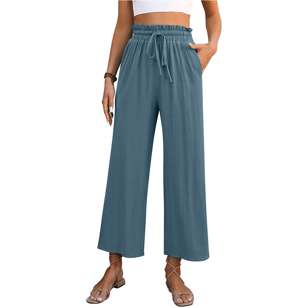 Gerade Hose mit Kordelzug und hoher Taille, Sommer, lässig, einfarbig, lockere Hose mit weitem Bein für Damenbekleidung