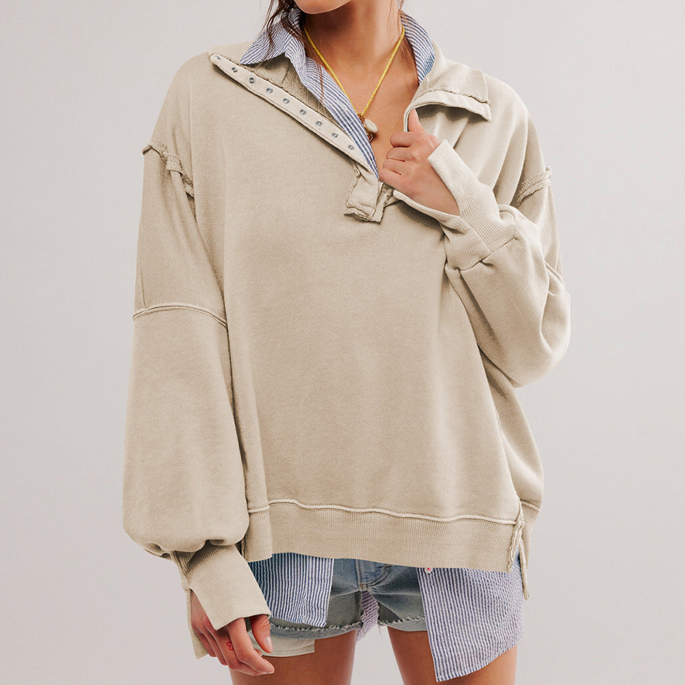 Fashion Button Lapel Sweatshirt With Slit Design Casual Sports Lantern Sleeve Pullover
