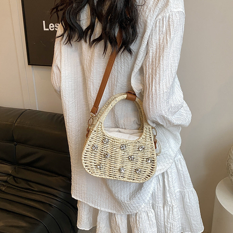 Borsa a tracolla portatile con strass da donna, borsa intrecciata