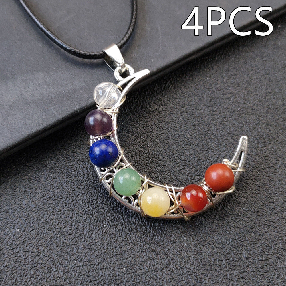 Collana con pentagramma a forma di luna e sette chakra in pietra di cristallo