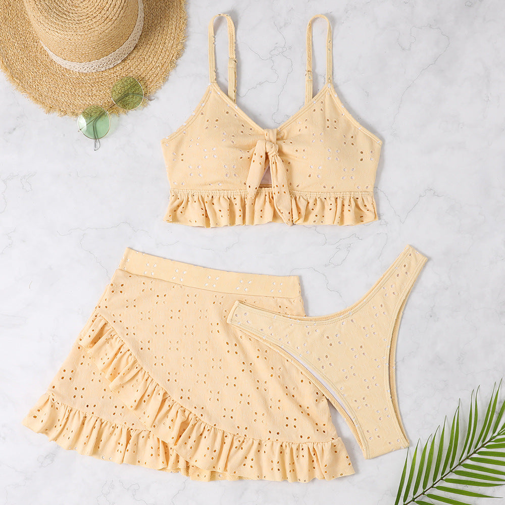 3-teiliger Strandbikini mit hüftbetontem Rock, modisches Rüschendesign, Badeanzug-Set, Sommer-Damenbekleidung