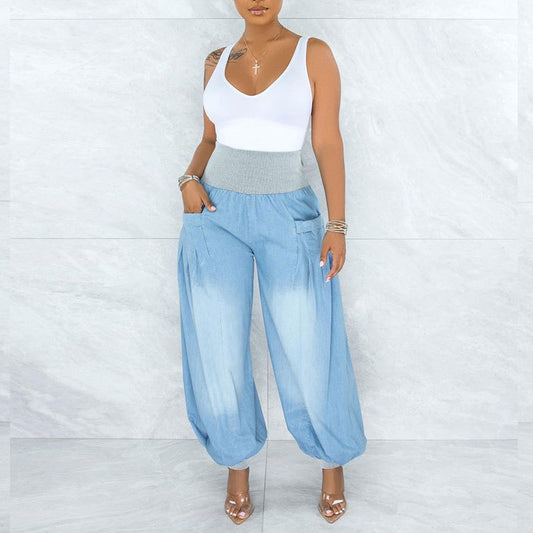 Sommer Dünne Lose Weite Bein Hosen Harem Hosen Elastische Taille Denim Hosen Frauen
