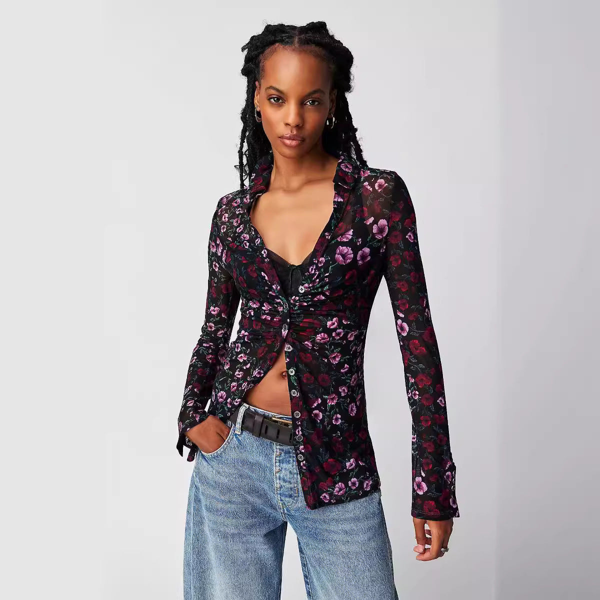 Heiße Farbe Quadrat Kragen Langarm Strickjacke Shirt Frauen