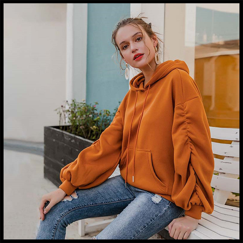 Kürbisfarbener Plissierter Pullover im Hong Kong-Stil mit Kapuze, einfarbig, lockerer Pullover