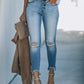 New Women's High-elastic Ripped Button Slim-fitting Mid-waist Jeans