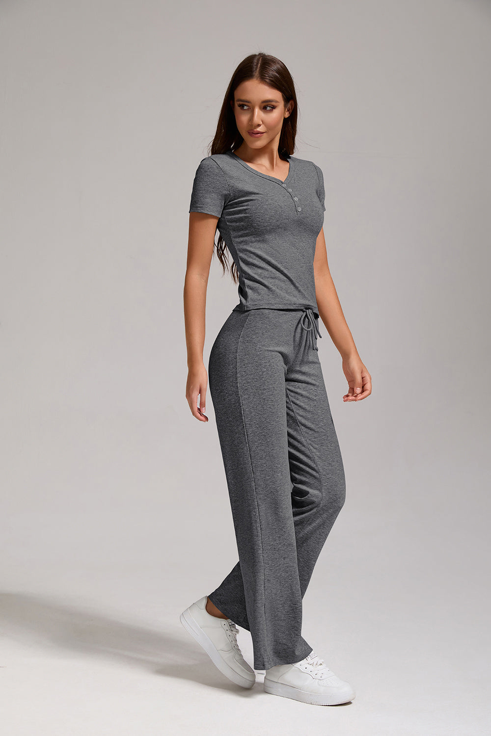Women's Casual Sports Two-piece Set With V-neck Button