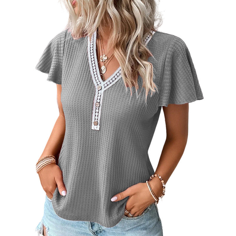 T-shirt a maniche corte con scollo a V e motivo waffle