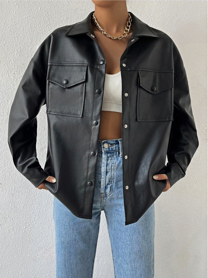 Single-breasted Solid Color Pocket PU Fashion Casual Jacket Top
