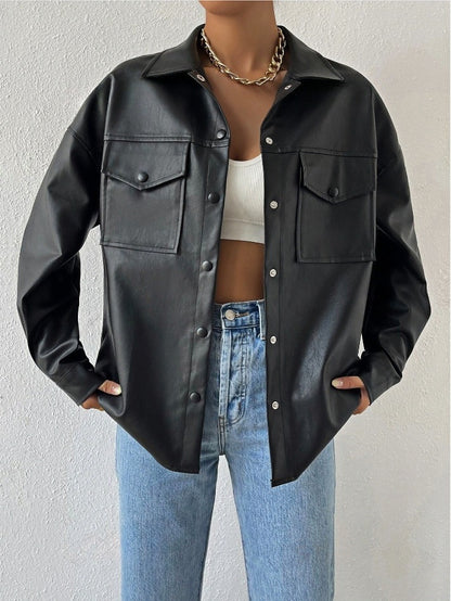 Single-breasted Solid Color Pocket PU Fashion Casual Jacket Top
