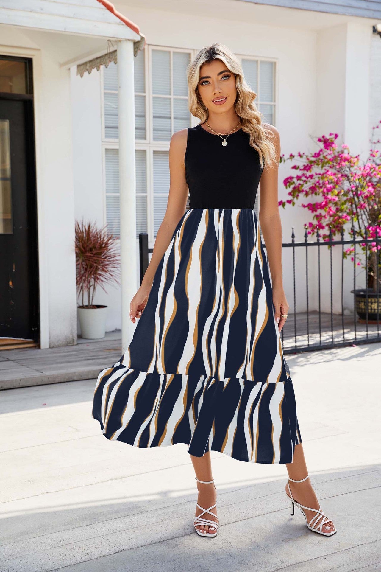 Rundhalsausschnitt Ärmelloses Langes Kleid Sommermode Gestreiften Print Kleider Damenbekleidung