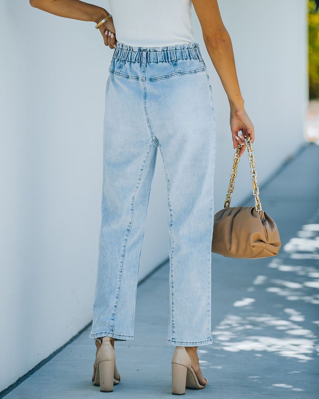 Pantaloni a vita alta in denim azzurro chiaro da pendolare di Temperamento